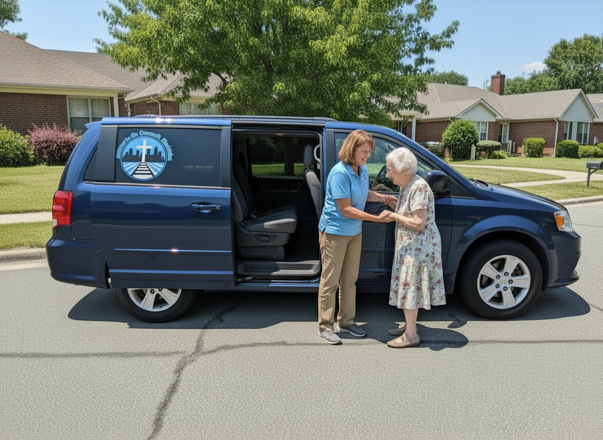 A 2014 Dodge Grand Caravan in navy blue, passenger side view, parked on a street in daylight. The sliding side door is open. A compassionate caregiver is gently helping an African American elderly person step into or out of the van. The caregiver is supportive and attentive. On the rear passenger side window is the Journey to the Crosswalk Ministries circular logo decal with a city skyline, white cross, crosswalk road, and "Journey to the Crosswalk Ministries" text arched around the top in navy blue. Warm, realistic photo style, sunny day, heartwarming scene.
