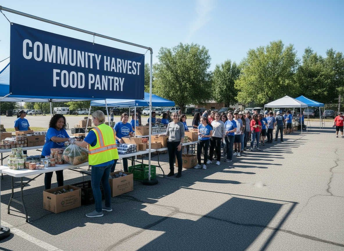 Outdoor daytime community food pantry event. PROMINENT FOREGROUND: at least 15-20 people of diverse ages, races, and backgrounds clearly standing in a long visible line stretching from left to right across the entire width of the image. The crowd fills the middle and foreground of the scene. VOLUNTEERS: 4-5 volunteers in bright yellow or orange vests standing at tables stacked with food boxes, grocery bags, and produce, actively handing items directly to people in line. Close-up interaction between volunteers and recipients is clearly visible. BACKGROUND: large navy blue rectangular banner hung between two poles with bold white capital letters reading "Community Harvest Food Pantry". Outdoor setting with green trees, blue sky, and sunshine. Lively, busy, well-attended community event atmosphere.