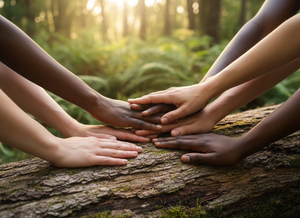 Diverse hands touching a wooden log together in a gesture of mutual support