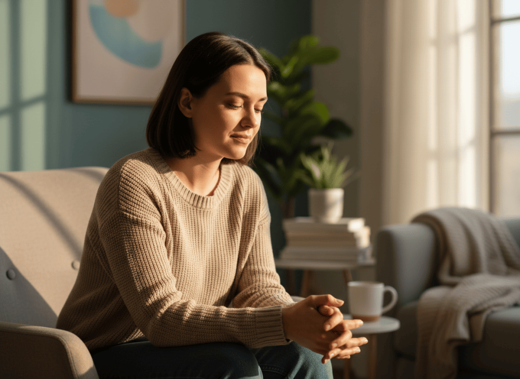 A person sitting quietly with their hands gently clasped together in their lap, soft natural light, warm and contemplative mood, conveying vulnerability and the courage to seek help, counseling services theme, photorealistic, shallow depth of field