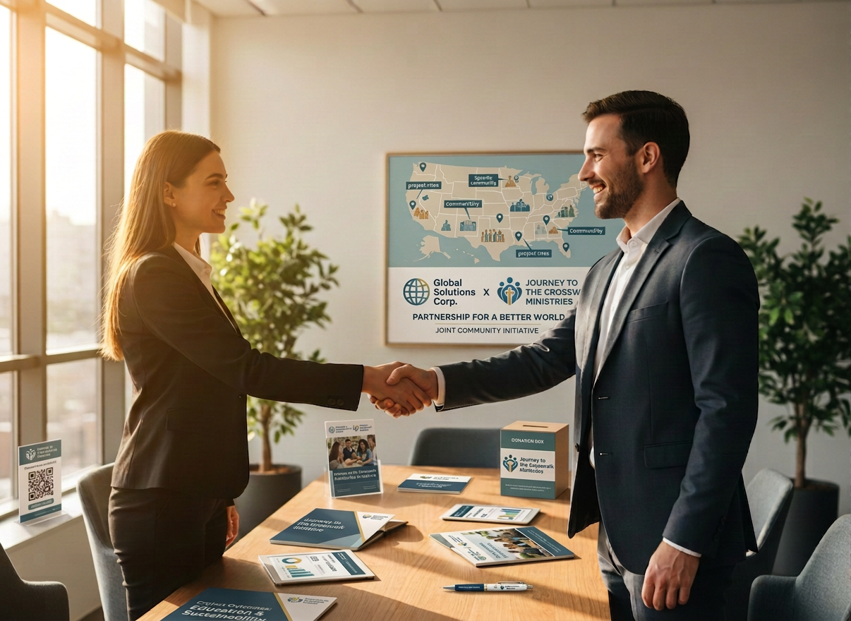 Professional business handshake between two people in a bright office, warm lighting, partnership and collaboration, clean modern setting, hopeful tone