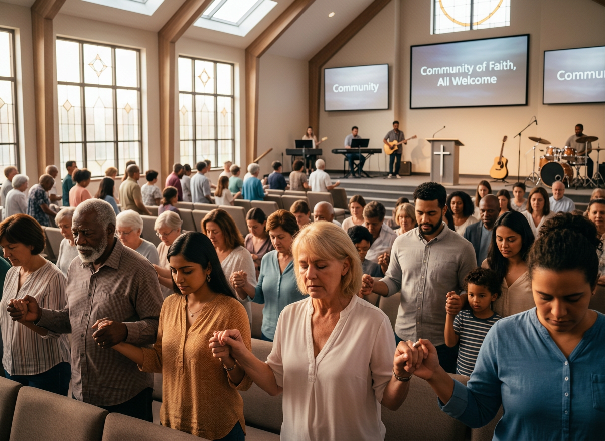 Faith community gathered in prayer, hands joined together, soft warm light through church windows, reverent hopeful atmosphere, diverse congregation