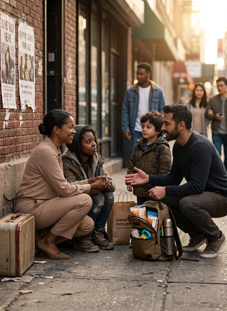 Hopeful, warm image of two people in a caring conversation — a counselor gently listening to a client, both seated, warm smiles, hands clasped in encouragement, soft daylight, cream and warm neutral tones. Compassionate and redemptive feel.